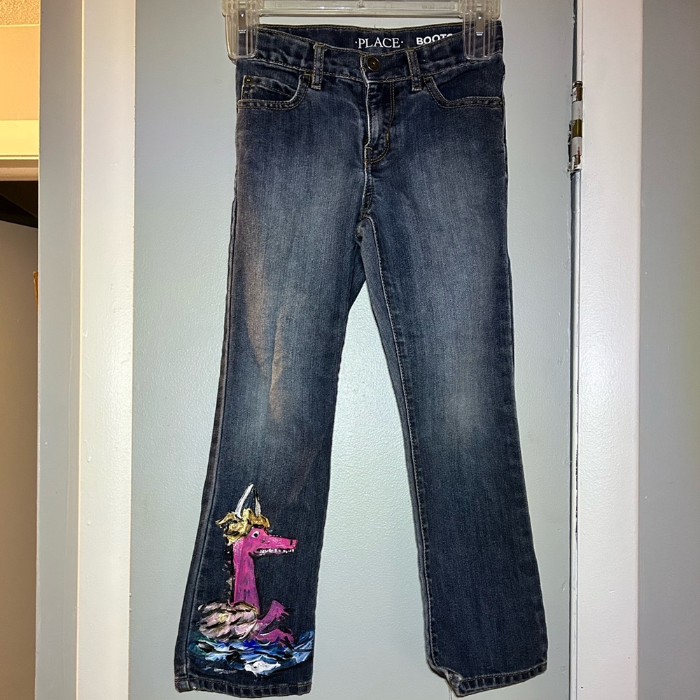 Handpainted jeans. Dream monster, painted by Kay. Size 6. Brand PLACE bootcut